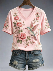 Women's Pink Floral Embroidery Art T-Shirt