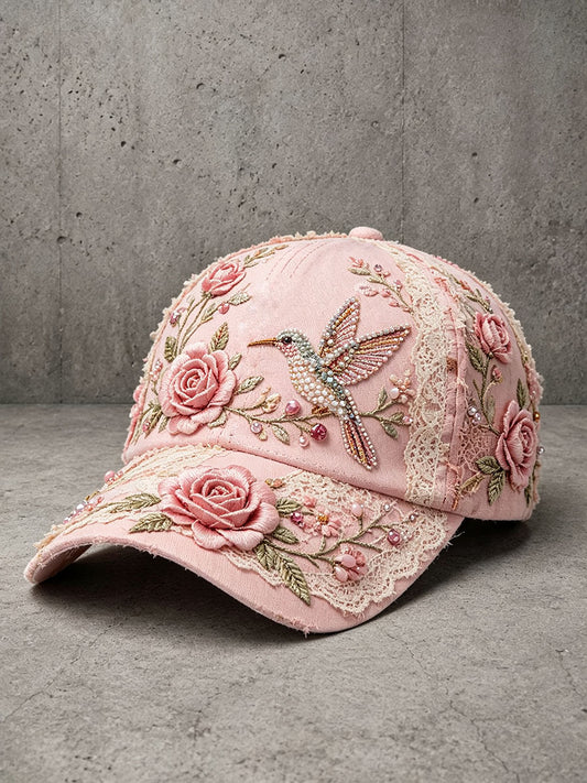 Unisex Pink Floral Embroidery Art Hat