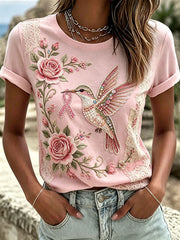 Women's Pink Floral Embroidery Art T-Shirt