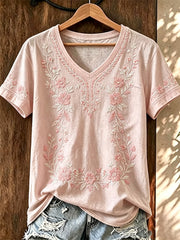 Women's Breast Cancer Pink Flowers Printed V-neck T-shirt