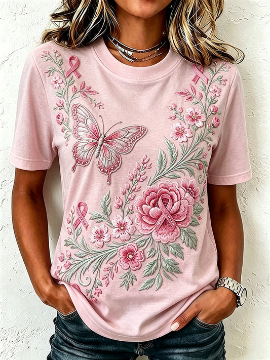 Women's Pink Ribbon Floral Butterfly Print Short-sleeved T-shirt