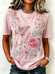 Women's Pink Ribbon Floral Butterfly Print Short-sleeved T-shirt