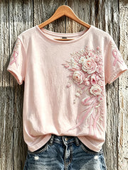 Women's breast cancer pink floral pattern printed casual short-sleeve T-shirt