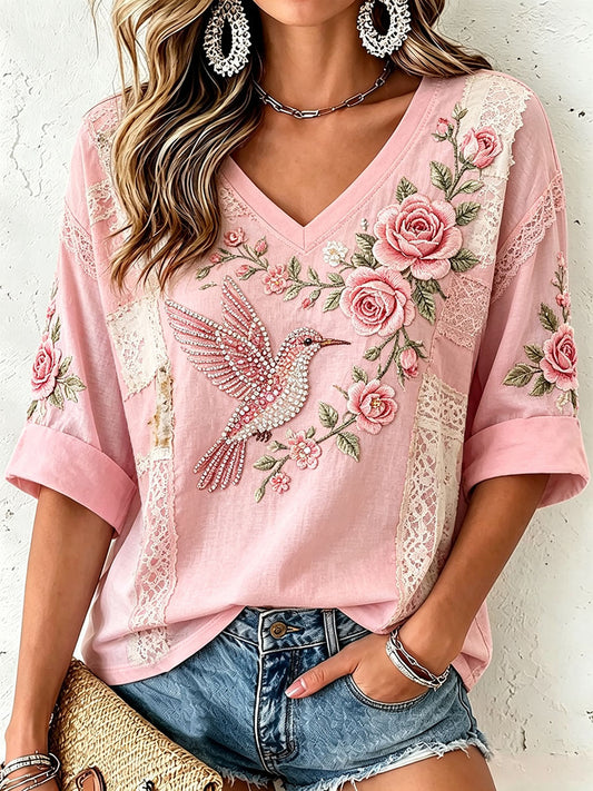 Women's Mid-length Sleeves V-Neck T-Shirt