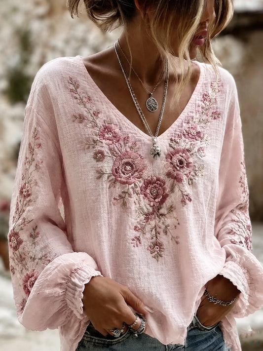 Women's Breast Cancer Pink Flowers Print Cotton-Linen Shirt