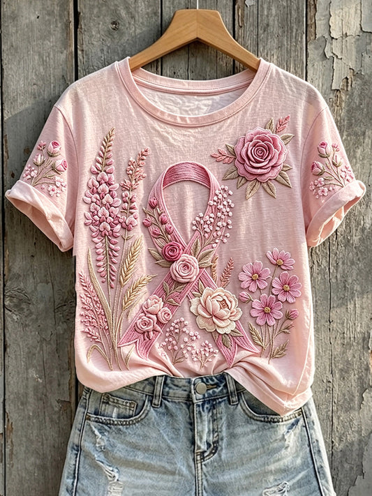Women's Classy Floral Pink Ribbon Print Short-sleeved T-shirt