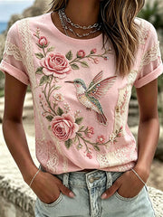 Women's Pink Floral Embroidery Art T-Shirt