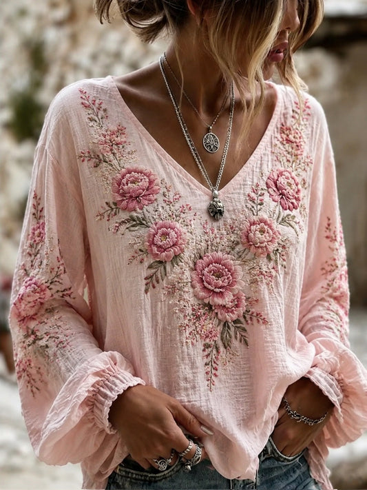 Women's Breast Cancer Pink Flowers Print Cotton-Linen Shirt