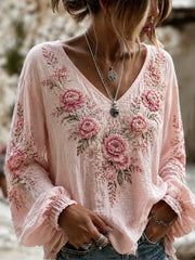 Women's Breast Cancer Pink Flowers Print Cotton-Linen Shirt