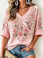 Women's Pink Floral Embroidery Art T-Shirt
