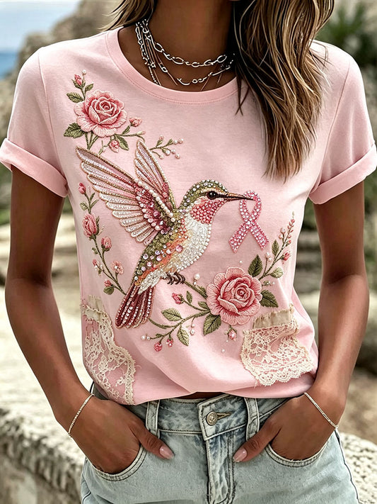 Women's Pink Floral Embroidery Art T-Shirt