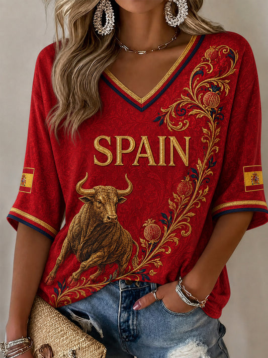 Women's Spain Print Casual Half-Sleeves V-Neck T-Shirt
