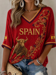 Women's Spain Print Casual Half-Sleeves V-Neck T-Shirt