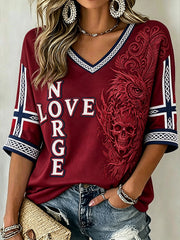 Women's Retro Norwegian Viking Pattern Printed Mid-length Sleeves V-Neck T-Shirt