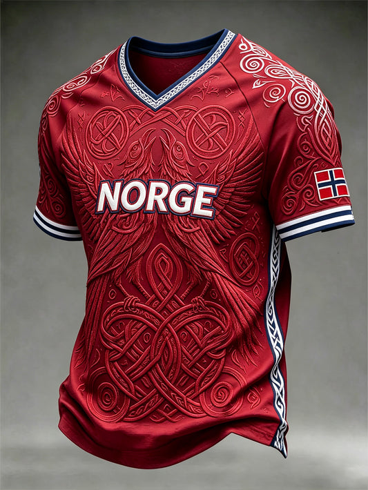Men's Retro Norwegian Viking Pattern Printed V-neck T-shirt