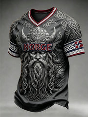 Men's Retro Norwegian Viking Pattern Printed V-neck T-shirt