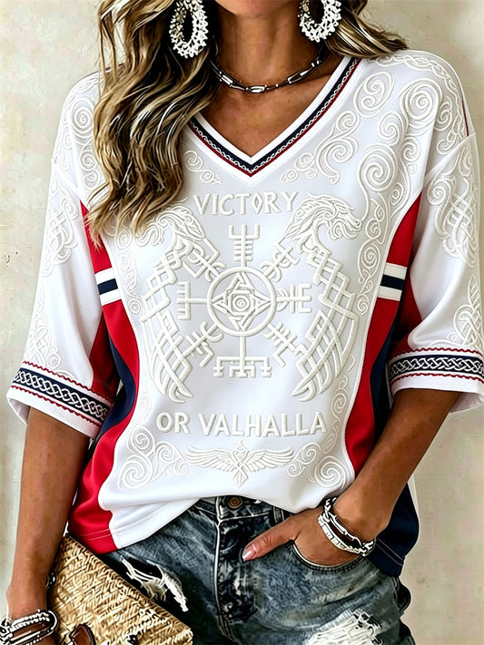 Women's Norway Victory or Valhalla Celtic Knot Flag Patchwork Print Mid-length Sleeves V-Neck T-Shirt