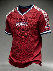 Men's Retro Norwegian Viking Pattern Printed V-neck T-shirt