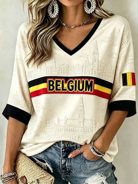 Women's Belgian Style Commemorative Casual Mid-length Sleeves V-Neck T-Shirt
