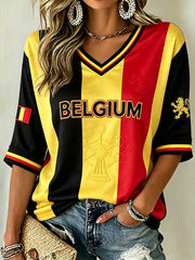 Women's Belgian Style Commemorative Casual Mid-length Sleeves V-Neck T-Shirt