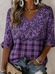 Women's Alzheimer's Awareness Support Purple Floral & Ribbon Mid-length Sleeves V-Neck T-Shirt