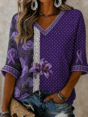 Women's Alzheimer's Awareness Support Purple Floral & Ribbon Mid-length Sleeves V-Neck T-Shirt