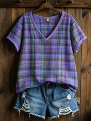 Women's Alzheimer's Awareness Support Purple Grid Pattern V-Neck Short Sleeves Shirt