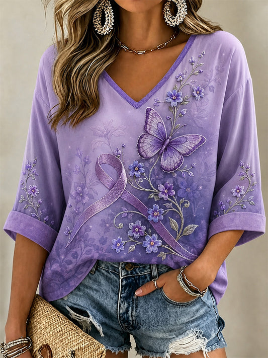 Women's Purple Floral & Butterfly Print Alzheimer's Awareness Support V-Neck Tee