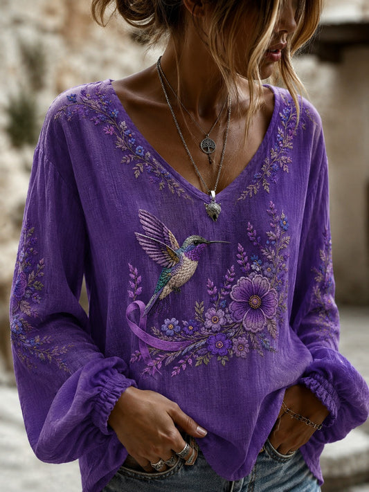 Women's Alzheimer's Awareness Printed Cotton-Linen Shirt