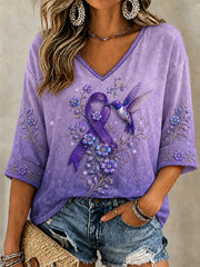 Women's Purple Floral & Hummingbird Print Alzheimer's Awareness Support V-Neck Tee