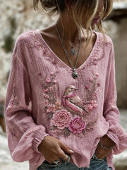 Women's Breast Cancer Awareness Printed Cotton-Linen Shirt