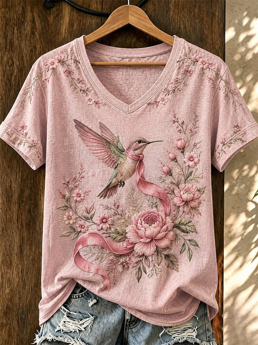Women's Breast Cancer Awareness Printed V-neck T-shirt