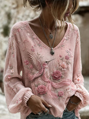 Women's Breast Cancer Awareness Printed Cotton-Linen Shirt