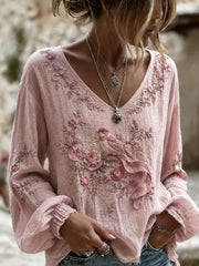 Women's Breast Cancer Awareness Printed Cotton-Linen Shirt