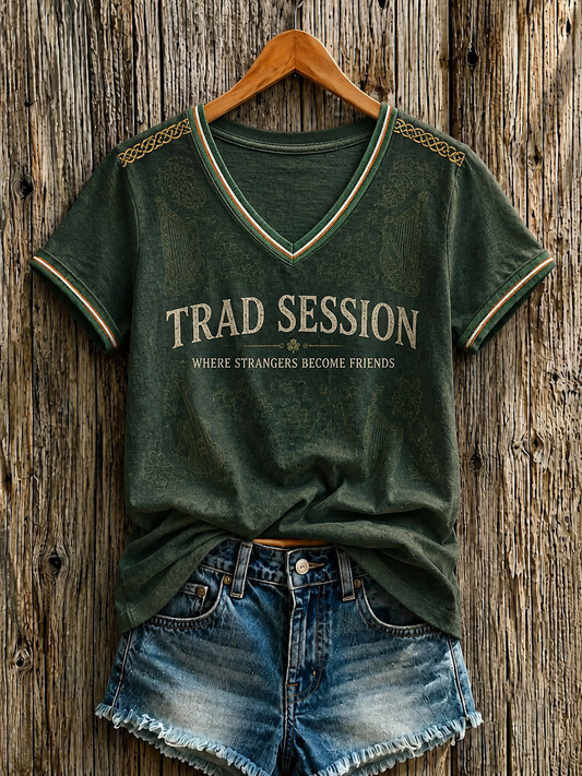 Women's TRAD SESSION WHERE STRANGERS BECOME FRIENDS Printed V-neck T-shirt
