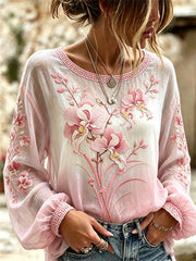 Women's Classy Orchid Flowers Japanese Art Print Gradient Cotton-Linen Shirt