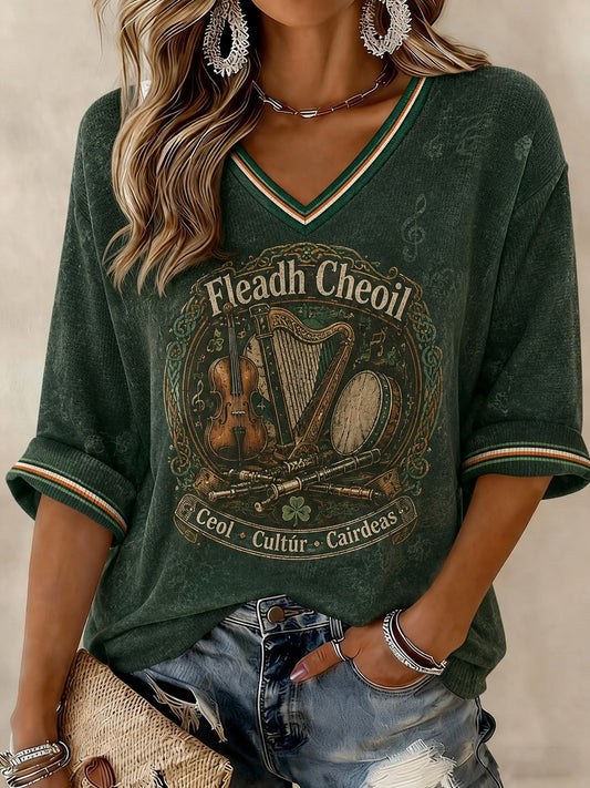 Women's Fleadh Cheoil na hÉireann Printed Mid-length Sleeves V-neck T-shirt