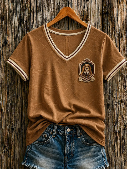 Women's British Cartoon Dog Printed V-neck T-shirt