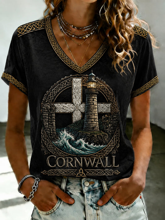 Women's Cornish Celtic-style Printed V-neck T-shirt