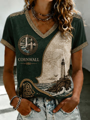 Women's Cornish Celtic-style Printed V-neck T-shirt