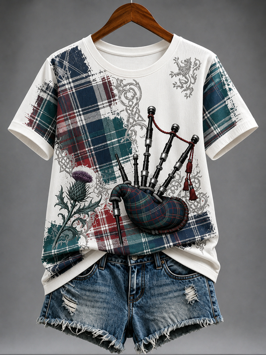 Women's Scottish bagpipe print short-sleeved T-shirt