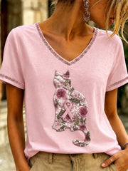 Women's Breast Cancer Pink Art  Printed V-neck T-shirt