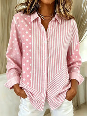 Women's Pink Striped And Polka Dot Cotton Linen Shirt