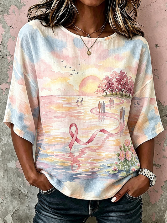 Women's Classy Pink Ribbon Awareness Watercolor Art Print Linen Mid-sleeved T-shirt