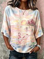 Women's Classy Pink Ribbon Awareness Watercolor Art Print Linen Mid-sleeved T-shirt