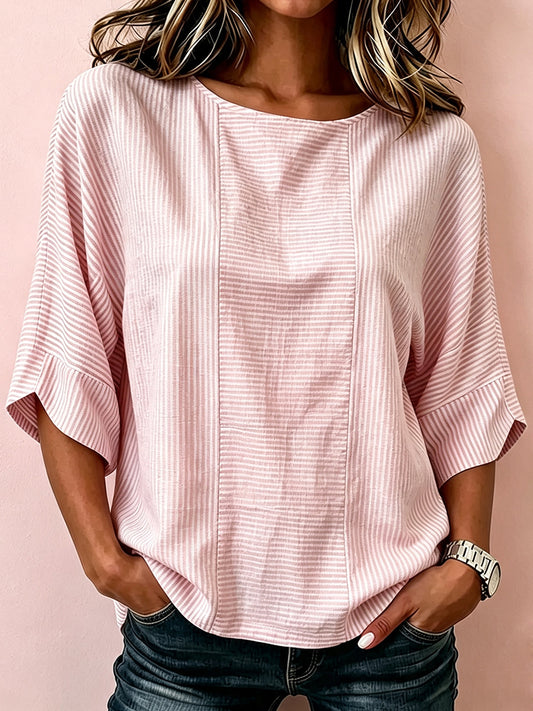 Women's Classy Pink Striped Art Print Linen Mid-sleeved T-shirt