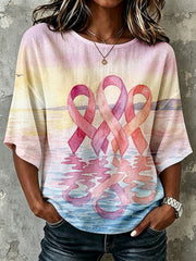 Women's Elegant Pink Ribbon Awareness Watercolor Art Print Linen Mid-sleeved T-shirt