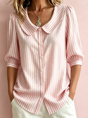 Women's Vintage Pink Striped Pattern Print Cotton-Linen Shirt