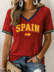 Women's Spain Print Casual V-Neck Tee