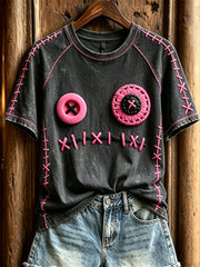 Women's Lovely Monster Face Pink Stitches Print short sleeve T-shirt
